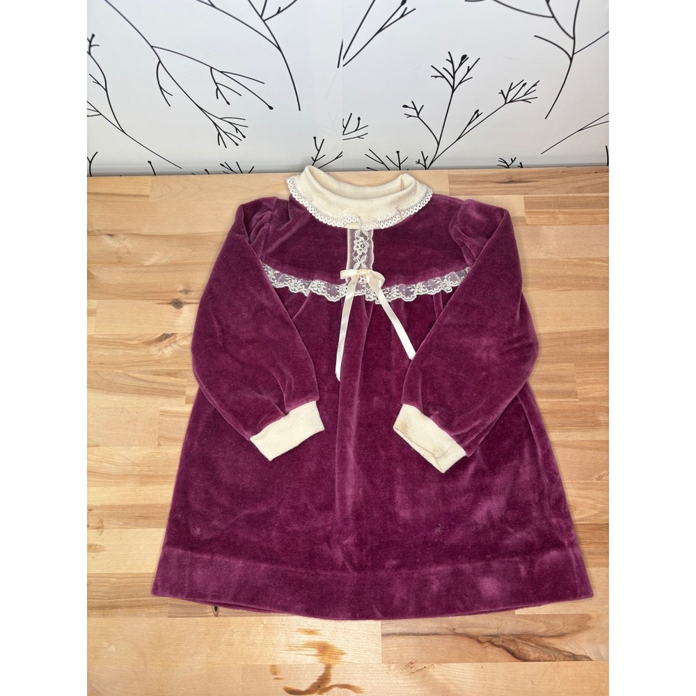 Vintage Health-tex Toddler Girls Plum Purple Velour Lace Trim Dress 3T USA Made
